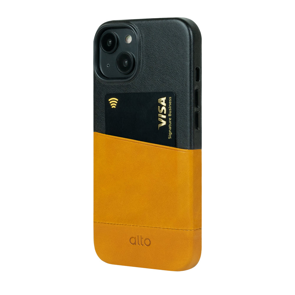 惜福品 - iPhone 14/iPhone 16e - Metro 插卡皮革手機殼 - 焦糖棕/渡鴉黑