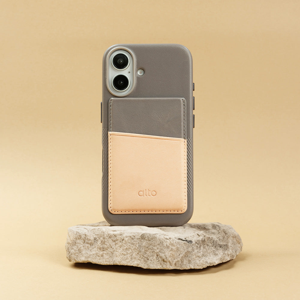 惜福品 - iPhone 磁吸皮革卡套 - 礫石灰/本色