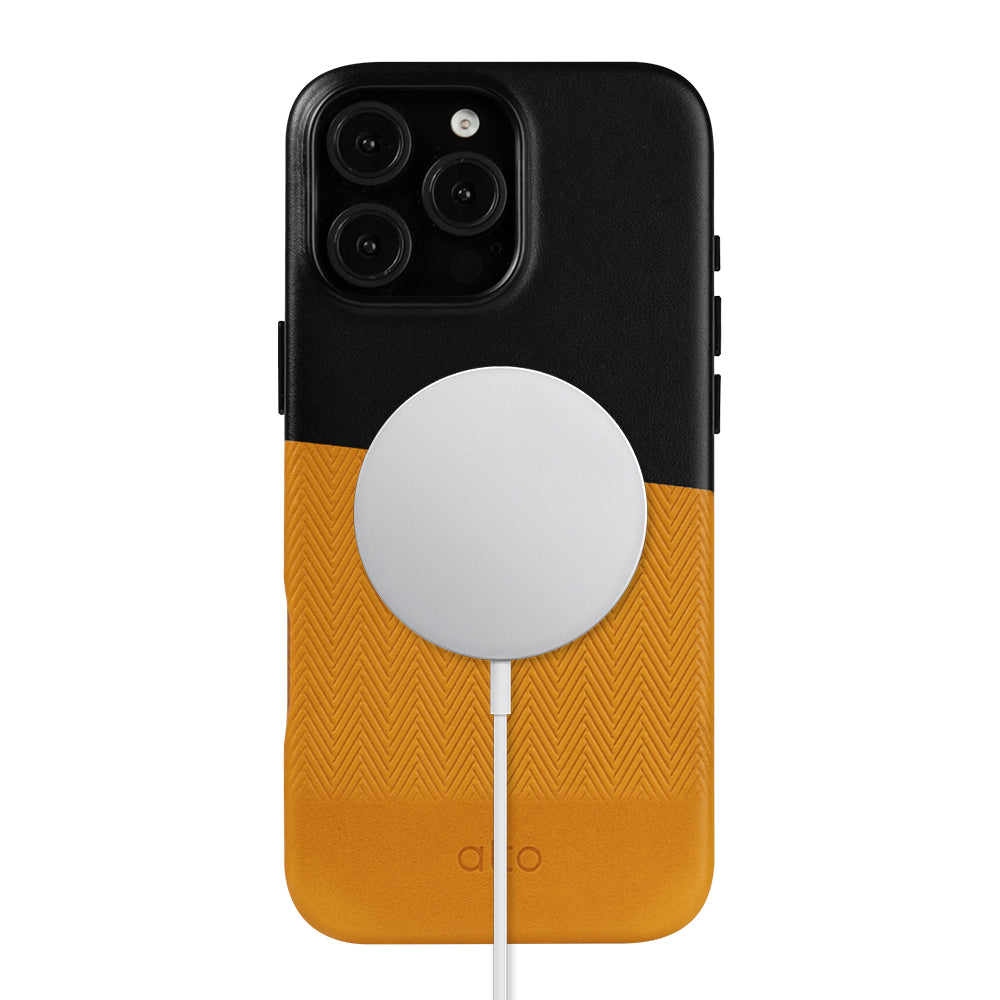 惜福品 - iPhone 16 Pro Max - Herring 磁吸壓紋皮革手機殼 - 渡鴉黑/焦糖棕