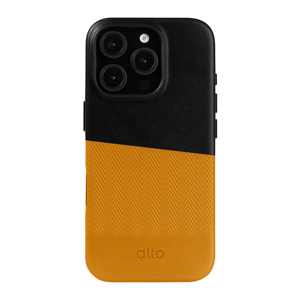 惜福品 - iPhone 16 Pro - Herring 磁吸壓紋皮革手機殼 - 渡鴉黑/焦糖棕