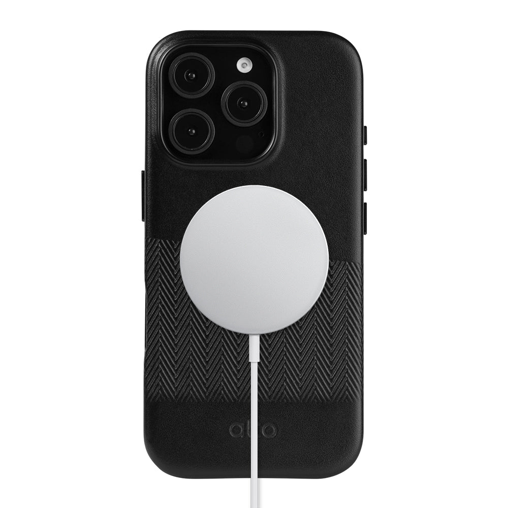 惜福品 - iPhone 16 Pro - Herring 磁吸壓紋皮革手機殼 - 渡鴉黑