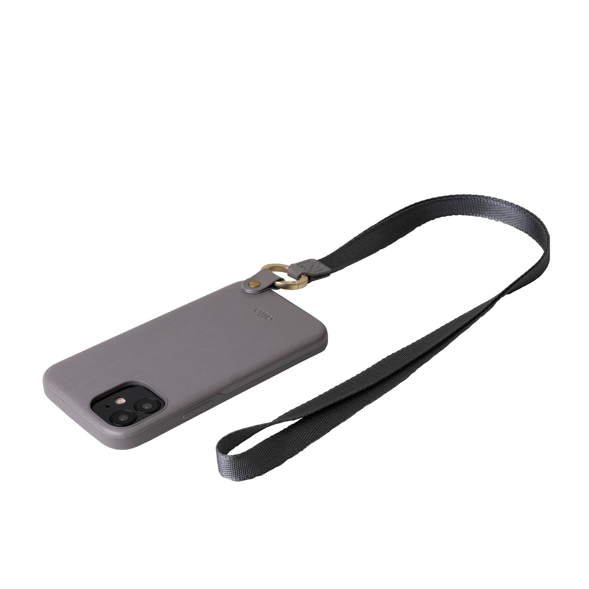 iPhone 12 mini - Anello 360 掛繩皮革手機殼 - 礫石灰