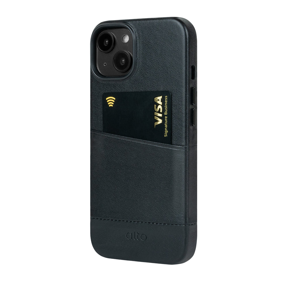 iPhone 14/iPhone 16e - Metro 插卡皮革手機殼 - 渡鴉黑