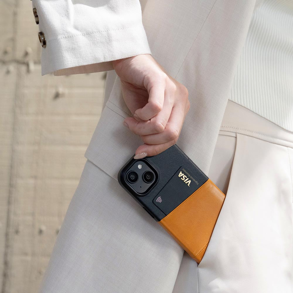 惜福品 - iPhone 14 Plus/iPhone 15 Plus - Metro 插卡皮革手機殼 - 焦糖棕/渡鴉黑