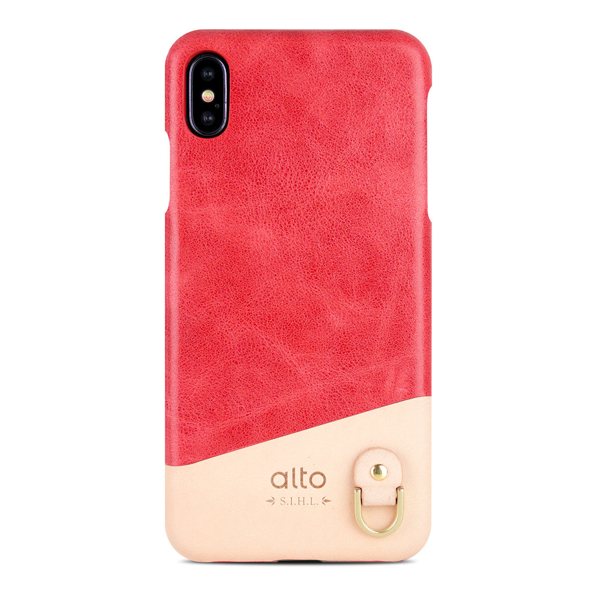 iPhone Xs Max - Anello 掛繩皮革手機殼 - 珊瑚紅/本色