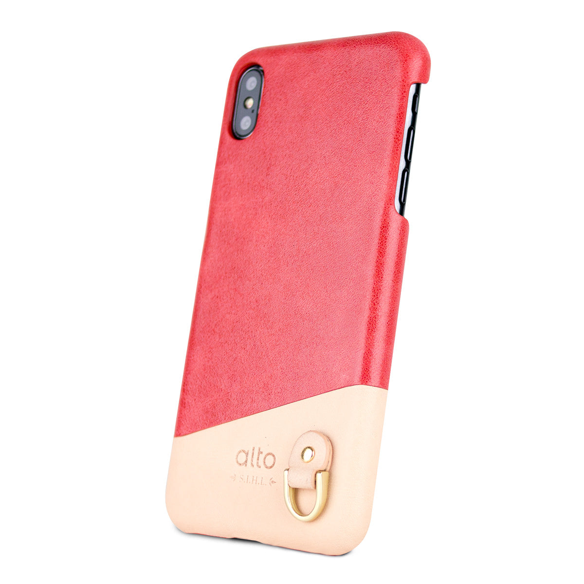 iPhone Xs Max - Anello 掛繩皮革手機殼 - 珊瑚紅/本色