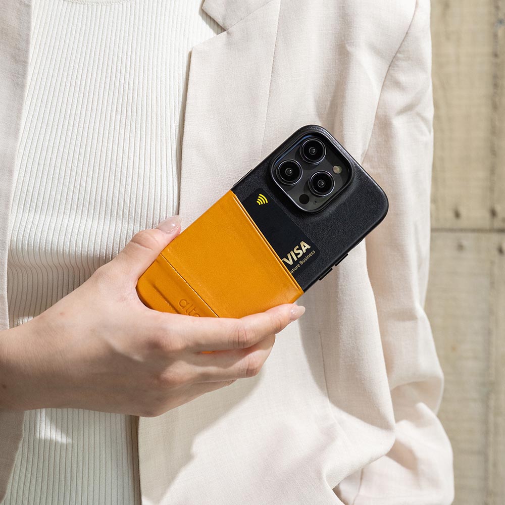 惜福品 - iPhone 14 Plus/iPhone 15 Plus - Metro 插卡皮革手機殼 - 焦糖棕/渡鴉黑