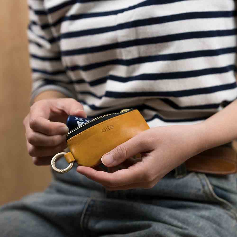 皮革鑰匙環零錢包 - 焦糖棕