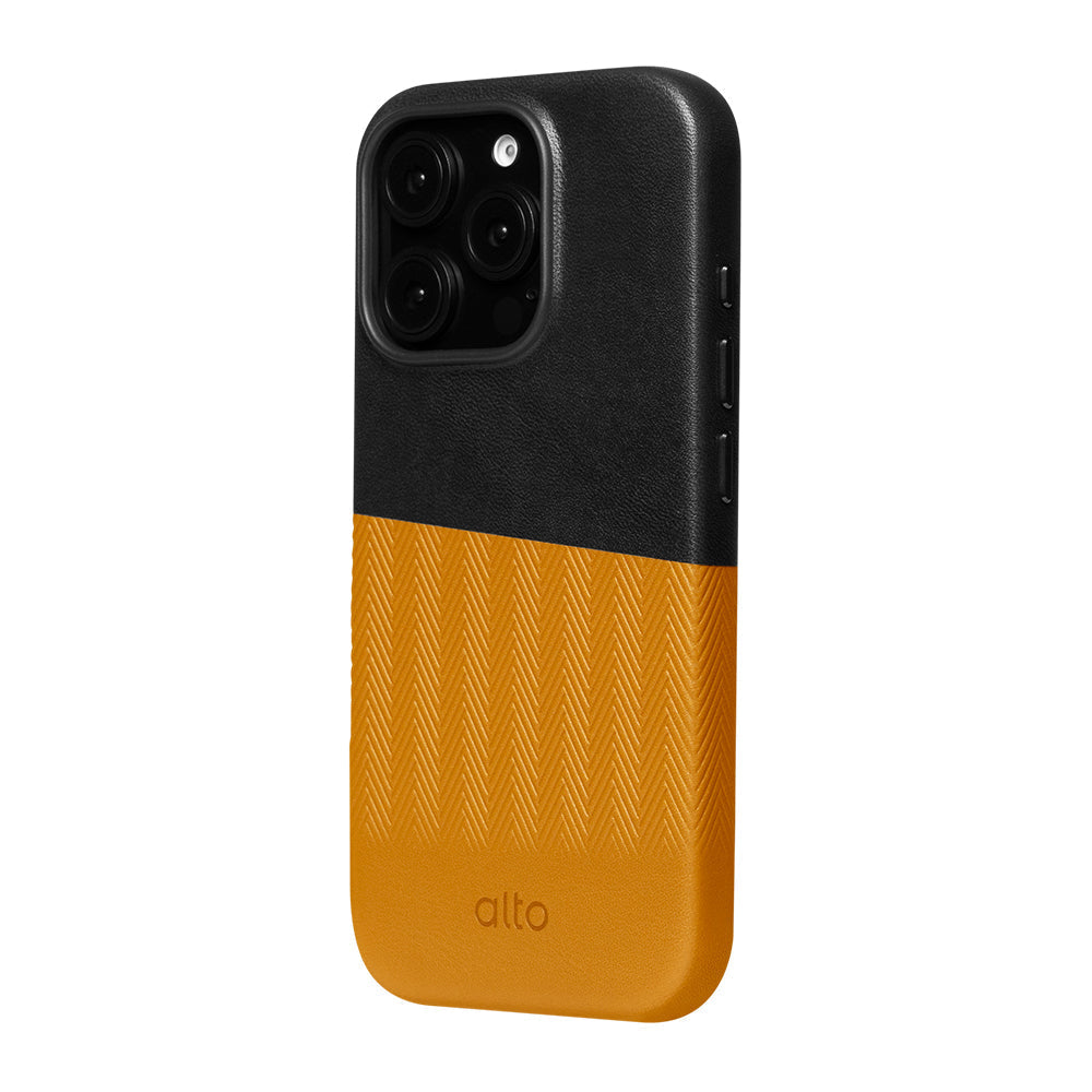 惜福品 - iPhone 16 Pro - Herring 磁吸壓紋皮革手機殼 - 渡鴉黑/焦糖棕