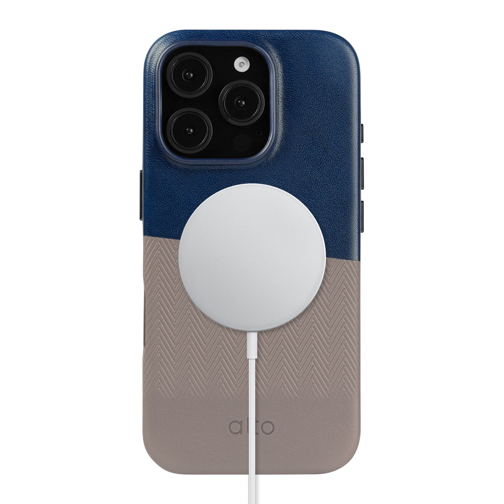 iPhone 16 Pro - Herring 磁吸壓紋皮革手機殼 - 海軍藍/礫石灰