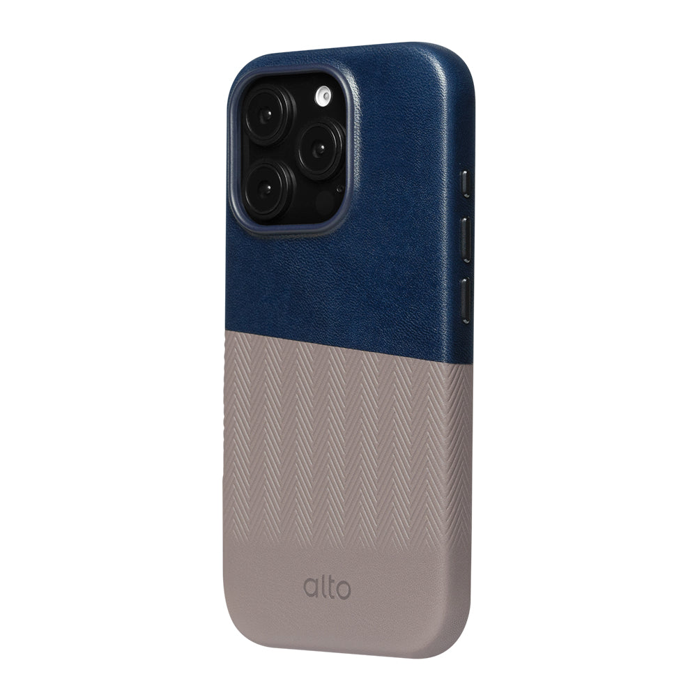 惜福品 - iPhone 16 Pro - Herring 磁吸壓紋皮革手機殼 - 海軍藍/礫石灰