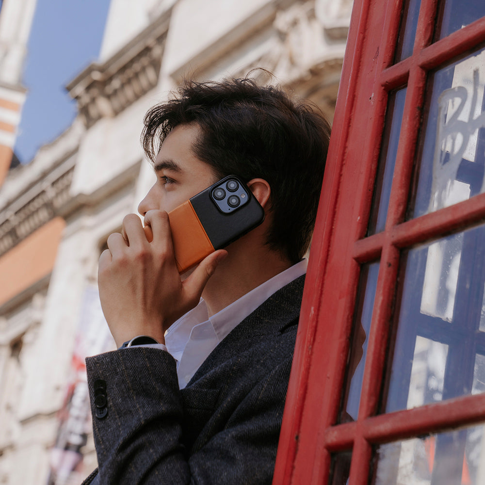 惜福品 - iPhone 16 - Metro 插卡皮革手機殼 - 焦糖棕/渡鴉黑