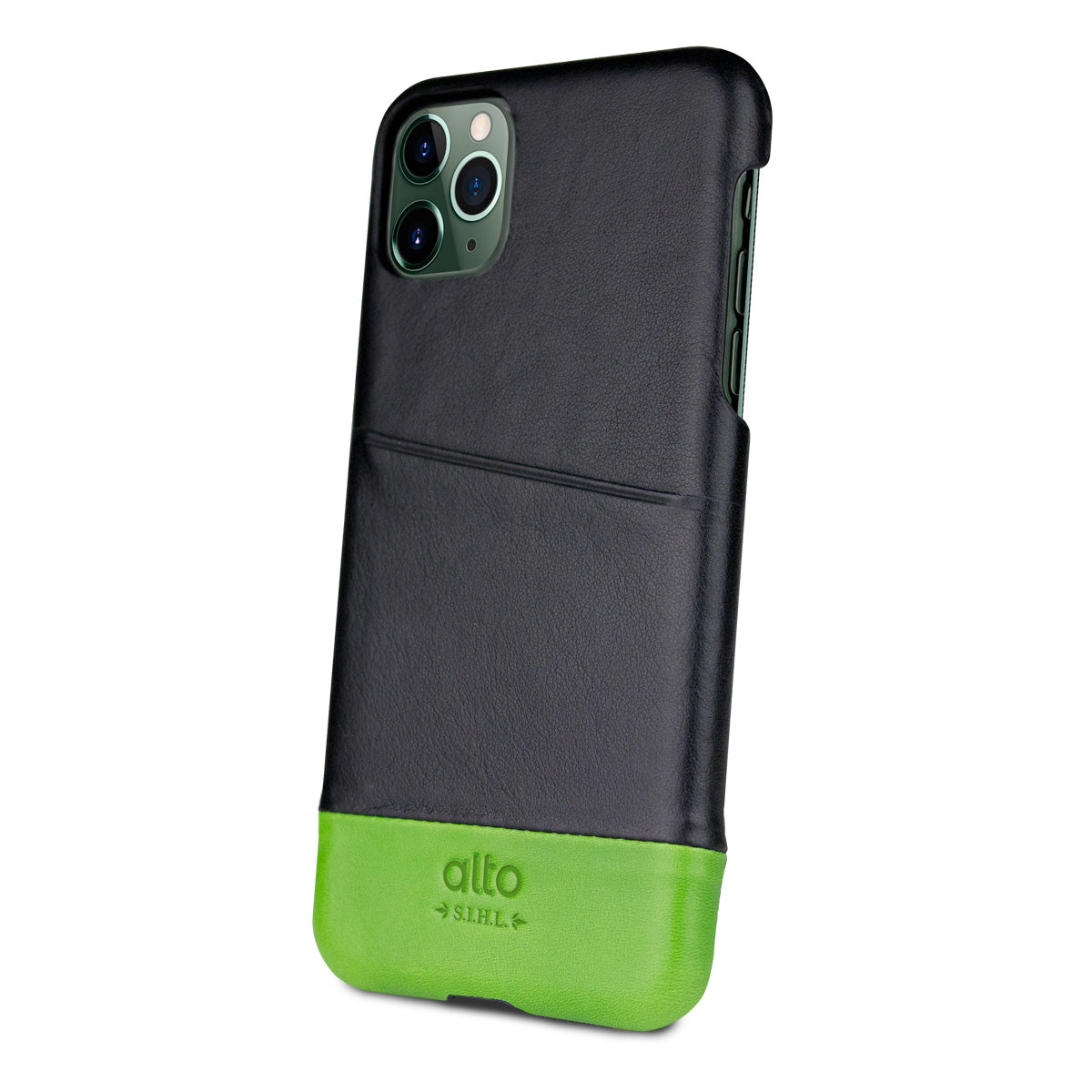 iPhone 11 Pro Max - Metro 插卡式皮革手機殼 - 渡鴉黑/萊姆綠
